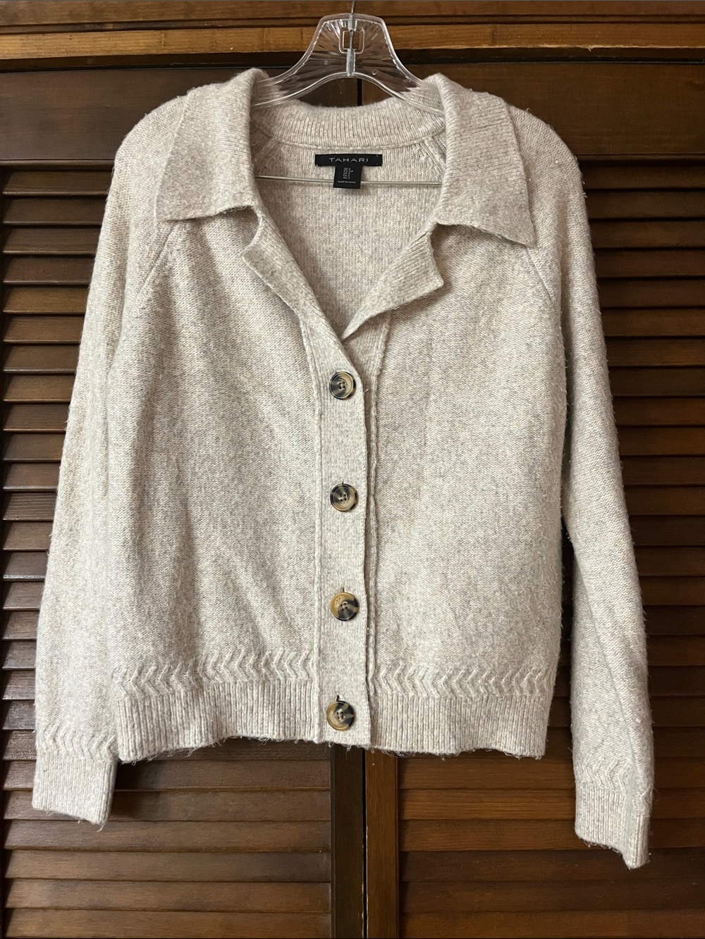 Tahari Cream Collared Button-Front Cardigan